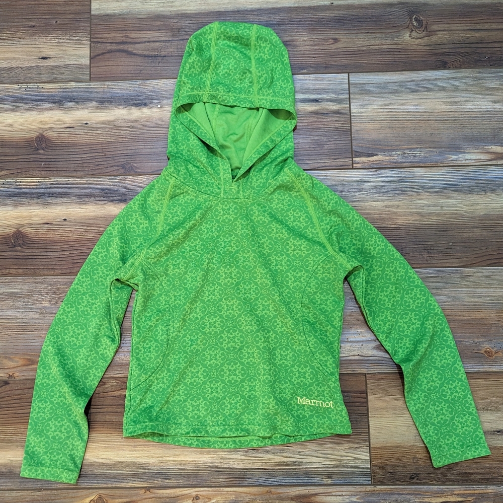 Marmot Girls Base Layer Long Sleeve Shirt With Hood Green Geometric Pattern XS